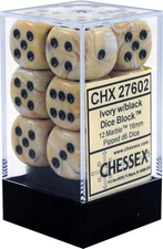 Dice d6 Sets: Marble Ivory with Black - 16mm Six Sided Die (12) Block of Dice