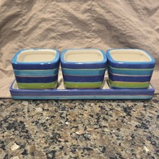 Ceramic Party Bowls Set with Tray, Striped Bl...