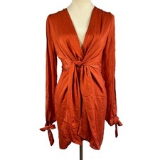 New PrettyLittleThing Rust Satin Twist Front Open Sleeve Wrap Dress Size 4