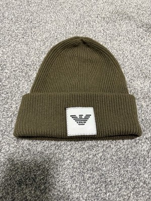 Emporio Armani Eagle Logo Beanie Mens L/XL Olive Green Wool Blend Made in Italy