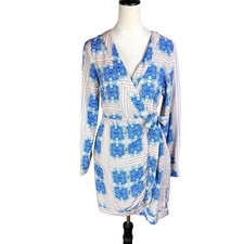 Ciebon S Rachelle Blue Multi Print V-neck Long Sleeve Mini Wrap Dress