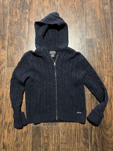 Vintage Y2K Abercrombie Fitch Knit Zip Up Hoodie 100% Wool Navy Blue Women Large - Picture 1 of 8