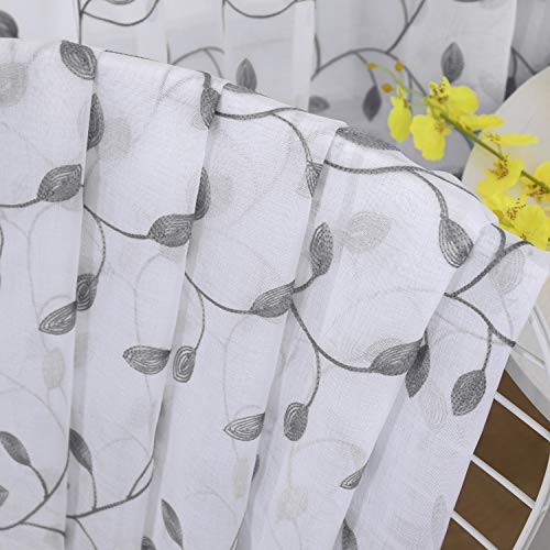 Leaves Short Sheer Curtain Grey Leaf Embroidery Living Room Curtains Rod - Picture 7 of 7