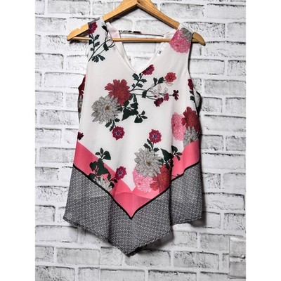 DR2 Womens Floral Handkerchief Hem Sleeveless V-Neck Blouse Ivory Pink S