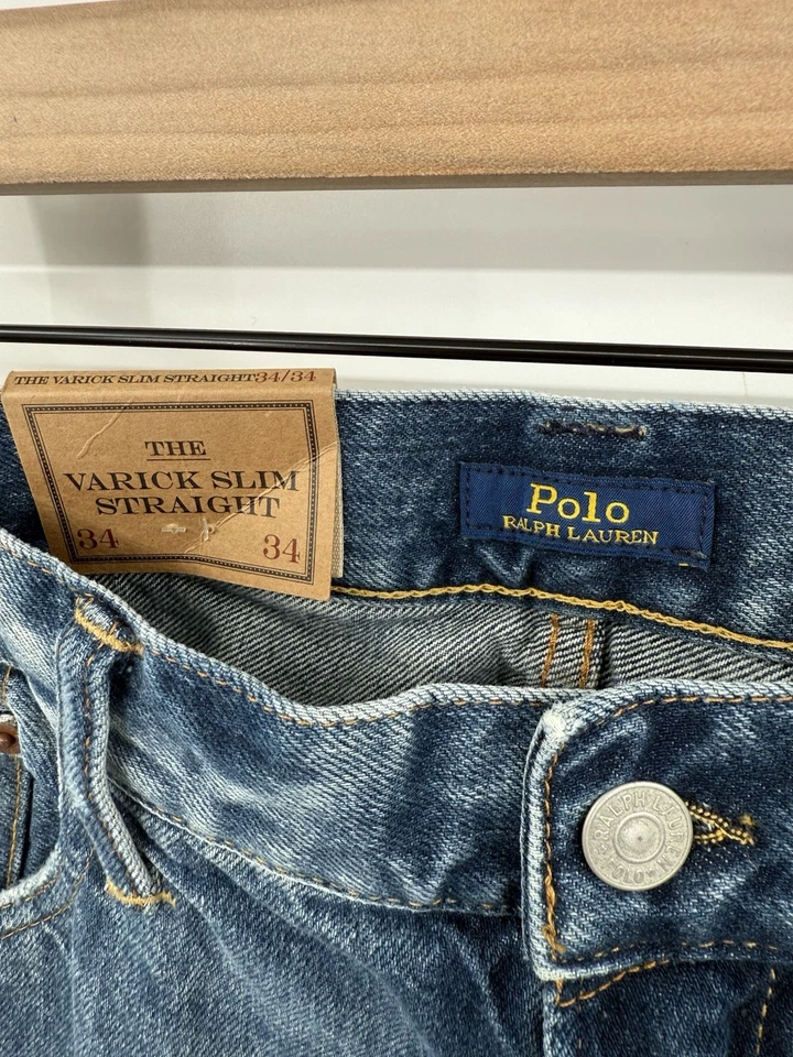 NUEVO Polo Ralph Lauren The Varick Pantalones de mezclilla rectos ajustados Pintura Distress para hombre 34x34 Foto 3 de 4