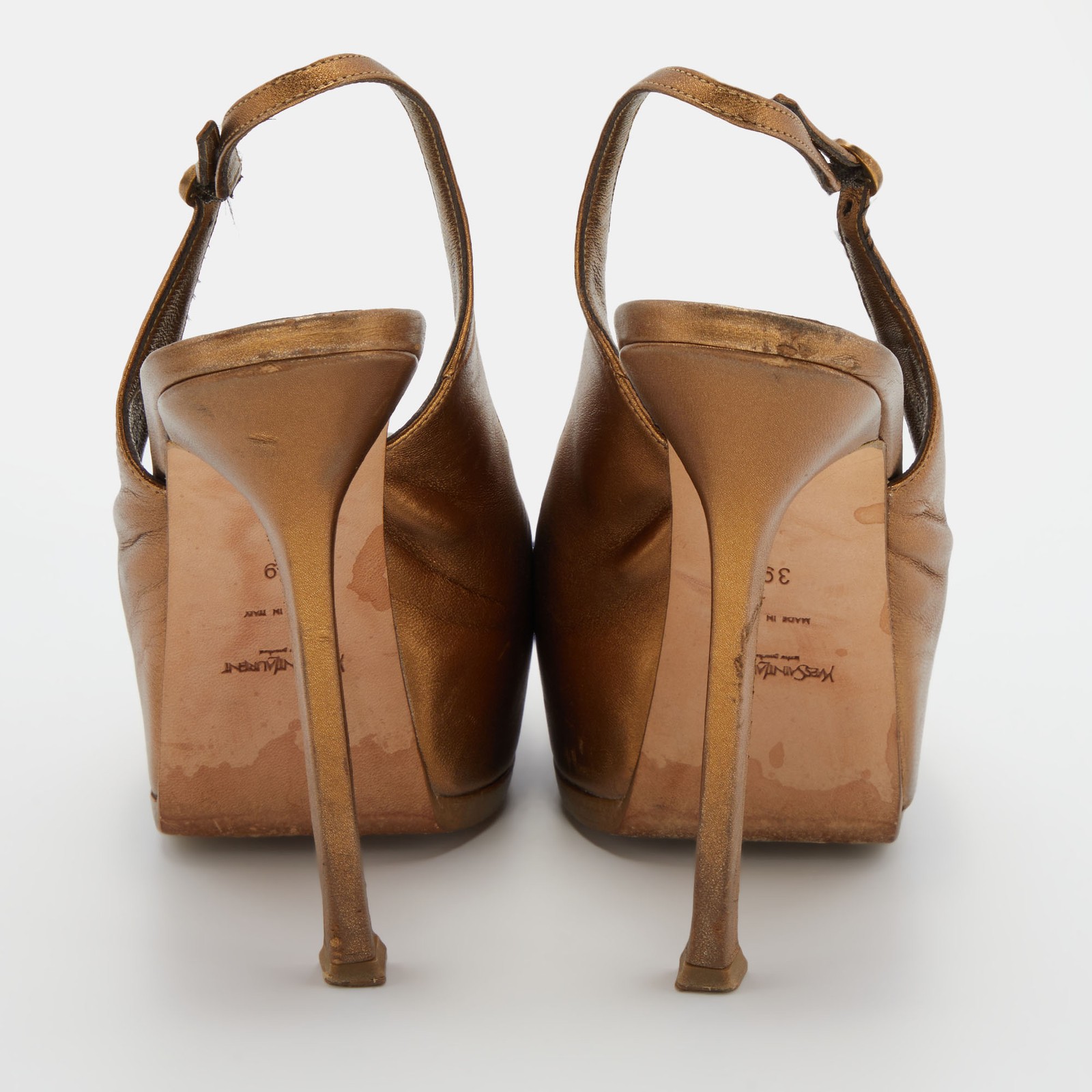 Decolte Yves Saint Laurent in pelle marrone metallizzato tribtoo slingback platform