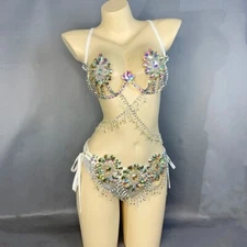 Samba Carnival EDC Outfit Belly Dance Crystal Stone Wire Bra Belt Panties Silver