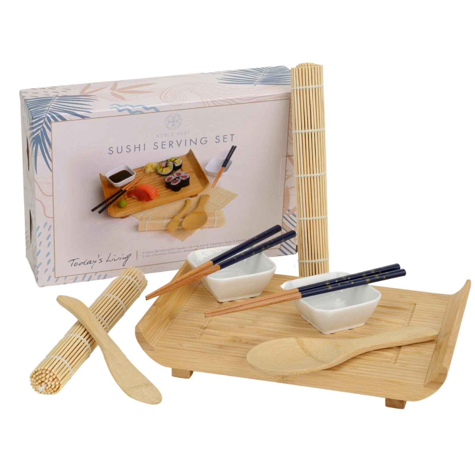 Noble Nest Premium Bamboo Sushi Serving Kit 11 piece Set Includes Bamboo Tray +
Opens in a new windo