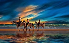 Landscape nature beach sunset sea clouds family horse Custom Gaming Mat Desk