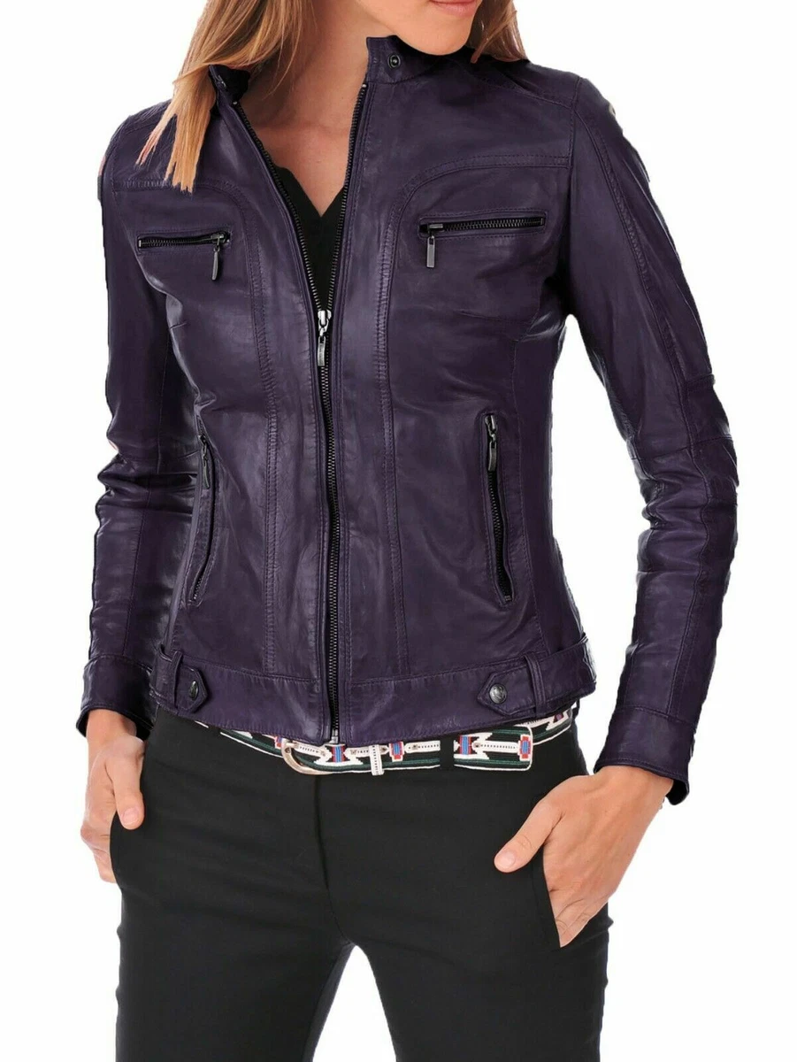 Ladies purple top leather jacket