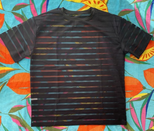Men's Black Size L Short Sleeve Crewneck Striped Mesh See-Through Pullover Tee - Picture 6 of 13