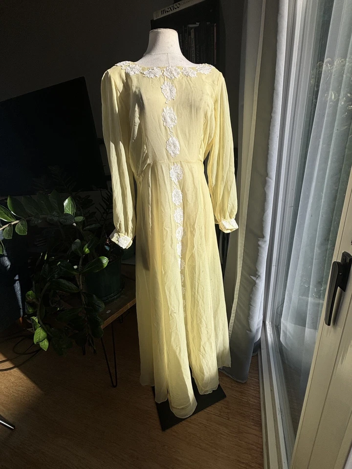Винтажный 70-х лимон желтый шифона чистый длиной макси платье кружева отделки размер M/L - Изображение 3 из 4
