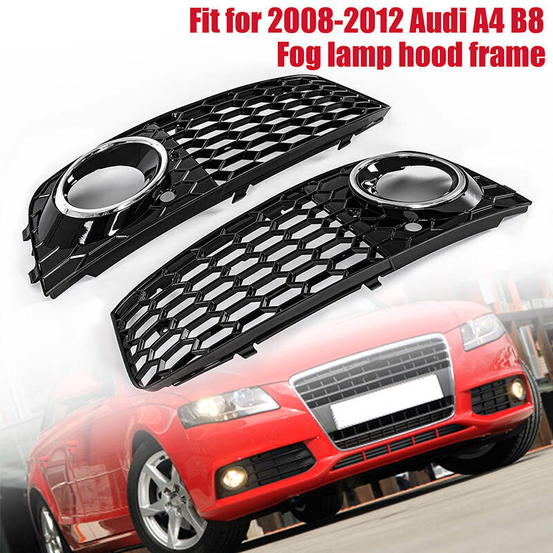 09-12 For Audi A4 B8 Front Bumper Fog Light Grille Honeycomb Cover w/Chrome Trim