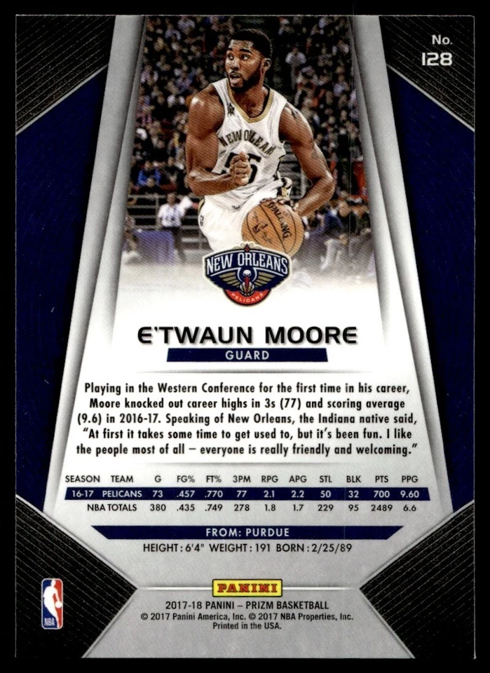 2017-18 Panini Prizm E'Twaun Moore New Orleans Pelicans #128 - Image 2 of 2