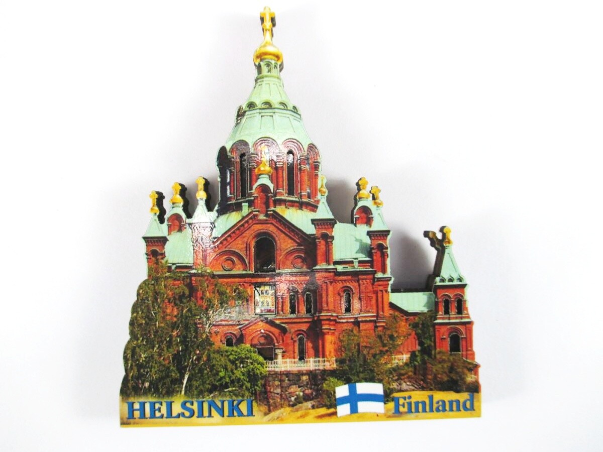 Helsinki Finland Uspenski Cathedral 9cm Wooden Souvenir Wood Magnet, New