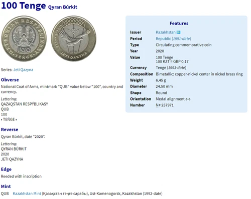 Kazakhstan coins 2020 chose fr.list 100 tenge treasures Steppe gun dog owl