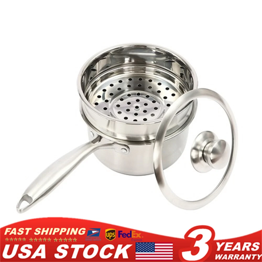 Stainless Steel Saucepan with Steamer 1.37QT Japanese Pot with Glass Lid Round