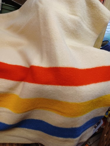 ORRLASKAN Orr WOOL Felt BLANKET Vintage Piqua OH Red BLUE Yellow Stripe 78" x 70 - Picture 10 of 23