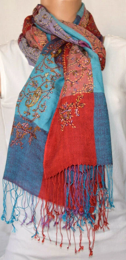 Palla Natural Paisley Embroidered Floral/Checked Fringe Rectangular Scarf/Shaw