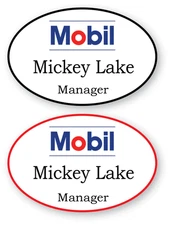2 WHITE OVAL MOBIL (2) PERSONALIZED NAME BADGES SAFETY PIN FASTENER