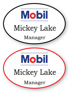 2 WHITE OVAL MOBIL (2) PERSONALIZED NAME BADGES SAFETY MAGNETIC FASTENER