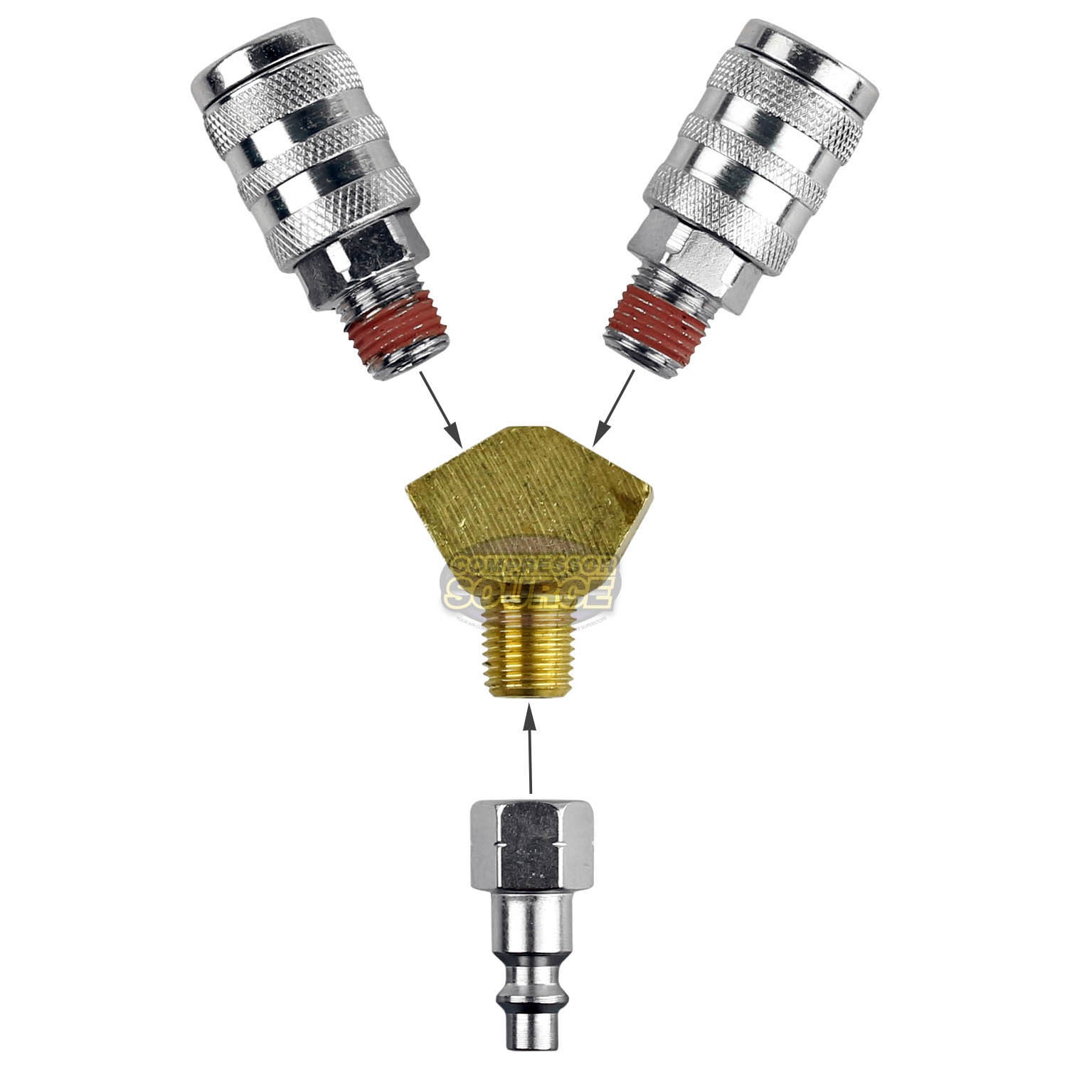 1/4" Air Hose Y Splitter Two 1/4" MNPT Couplers and One 1/4" Industrial Plug