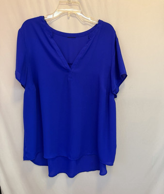Blue Solid V-Neck Short Sleeve Pullover Blouse Womens 2X