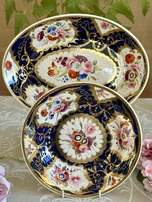 Antike John Rose Coalport Regency Porzellan um 1820 ovale Schale & runde Schale 
