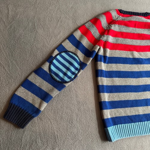 Hanna Andersson Crew Neck Striped Sweater Boys 150 (12 US) Gray Blue Elbow Patch - Picture 5 of 8