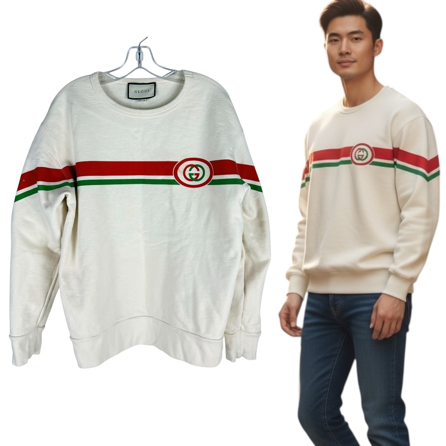 Gucci Interlocking GG Logo Striped Crewneck Sweater Off White Mens Size Medium