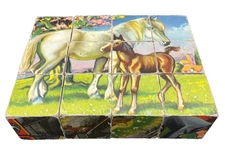 Vintage 6-Sided Children's Block Cube Puzzle Set in Wood Box Toy England