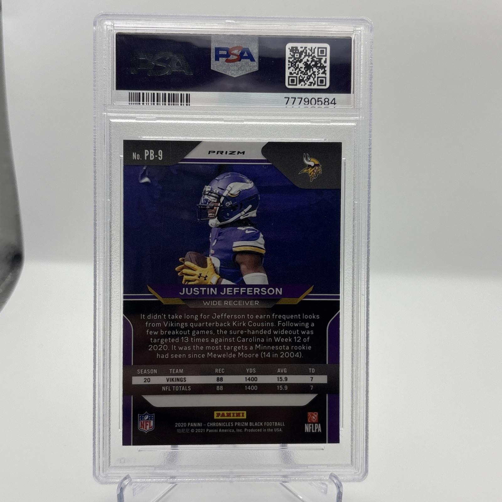 2020 PANINI CHRONICLES JUSTIN JEFFERSON #PB9 PRIZM BLACK-SILVER PSA 9 ROOKIE RC view 2