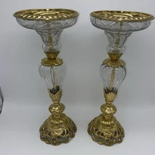 Candlestick Holders Gold & Clear Glass Vintage Ornate Victorian Style Tall 12”