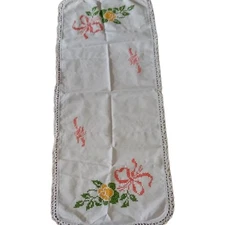 Floral Table Runner or Dresser ScarfCross Stitch Handmade Crochet Edging 43"x 17
