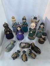 Mexican Tonala Pottery Folk Art Nativity Set 14 Pieces Handpainted  *Read