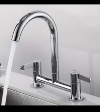 Modern Dual Lever Chrome Kitchen Sink Mixer Taps 2 Hole Deck Mounted Tap Faucet