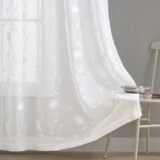 Sheer Curtains White 63 Inch Embroidered Floral, Rod Pocket Voile Drapes for Liv