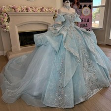 Graceful Sky Blue Wedding Dresses Off Shoulder Bow Ball Gown Crystal Sequins