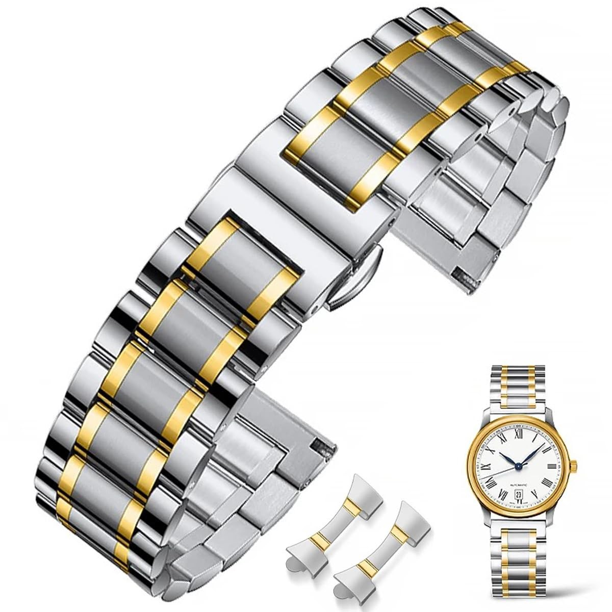 Bracelet de montre en acier premium à maillons polis et double ancrage de sécurité