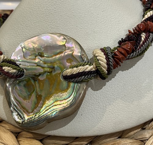 Vintage LES BERNARD Abalone Necklace Long Polished Carnelian Beaded Adjustable - Picture 2 of 11