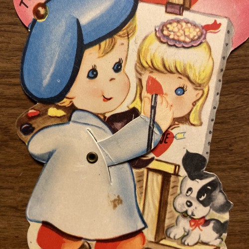Vintage 1940s Valentines Day Mechanical Card Boy Artist Painting Girl P1D - Bild 8 von 12