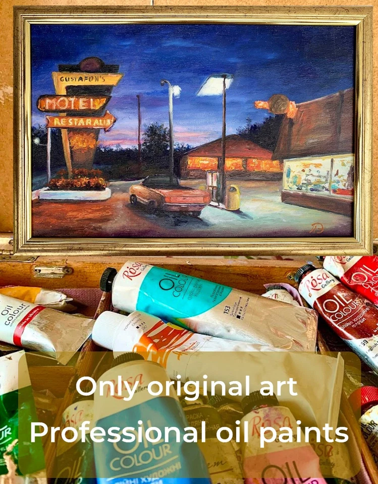 Оригинальная картина маслом городской пейзаж винтажное американское искусство ретро придорожная сцена - Изображение 3 из 4