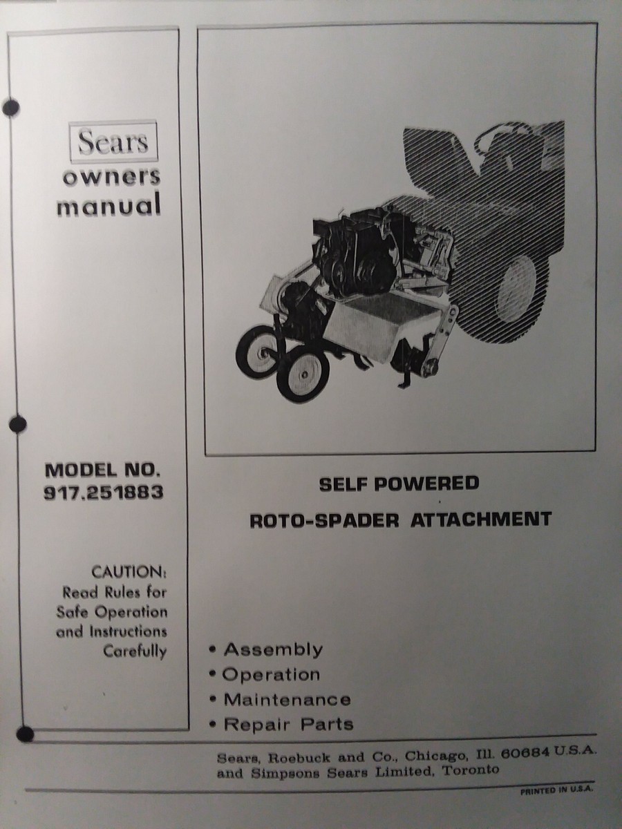 Sears​ Garden Tractor 3-Point HP Roto Tiller Owner Parts Manual 
