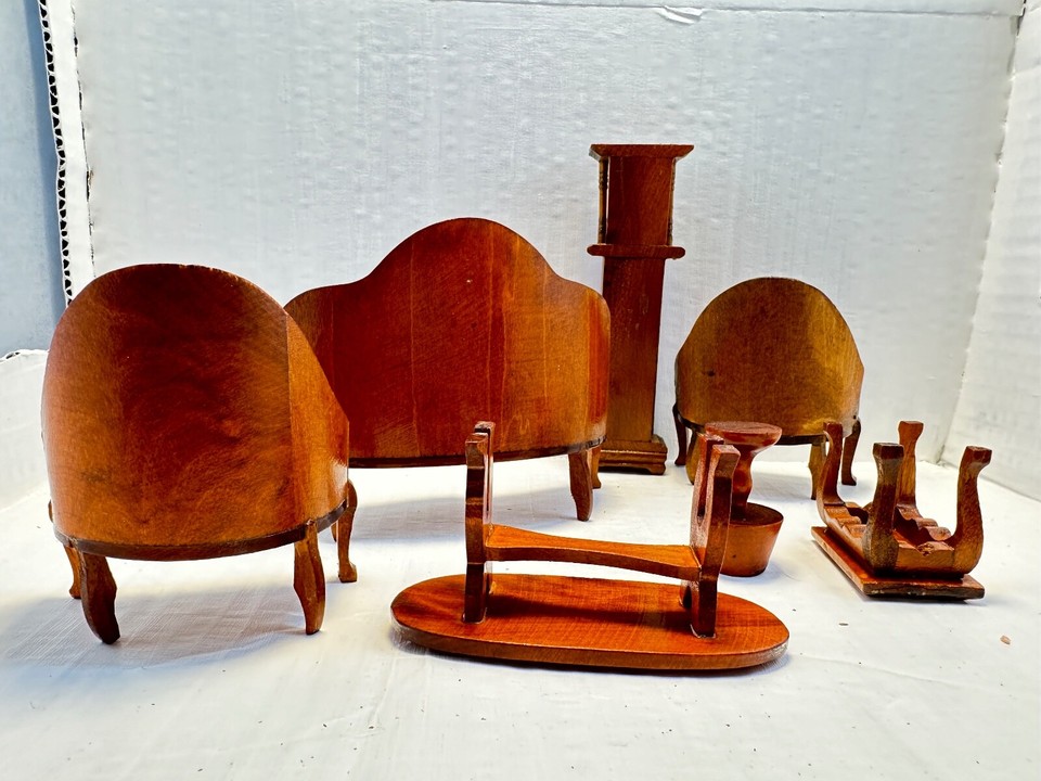 Vtg Dollhouse Living Room Furniture 7 Pc Set Velvet Settee Grandfather