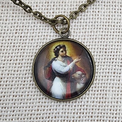 St  Agnes Medal ~ Catholic Picture Pendant Cabochon Saint Photo Jewelry w chain