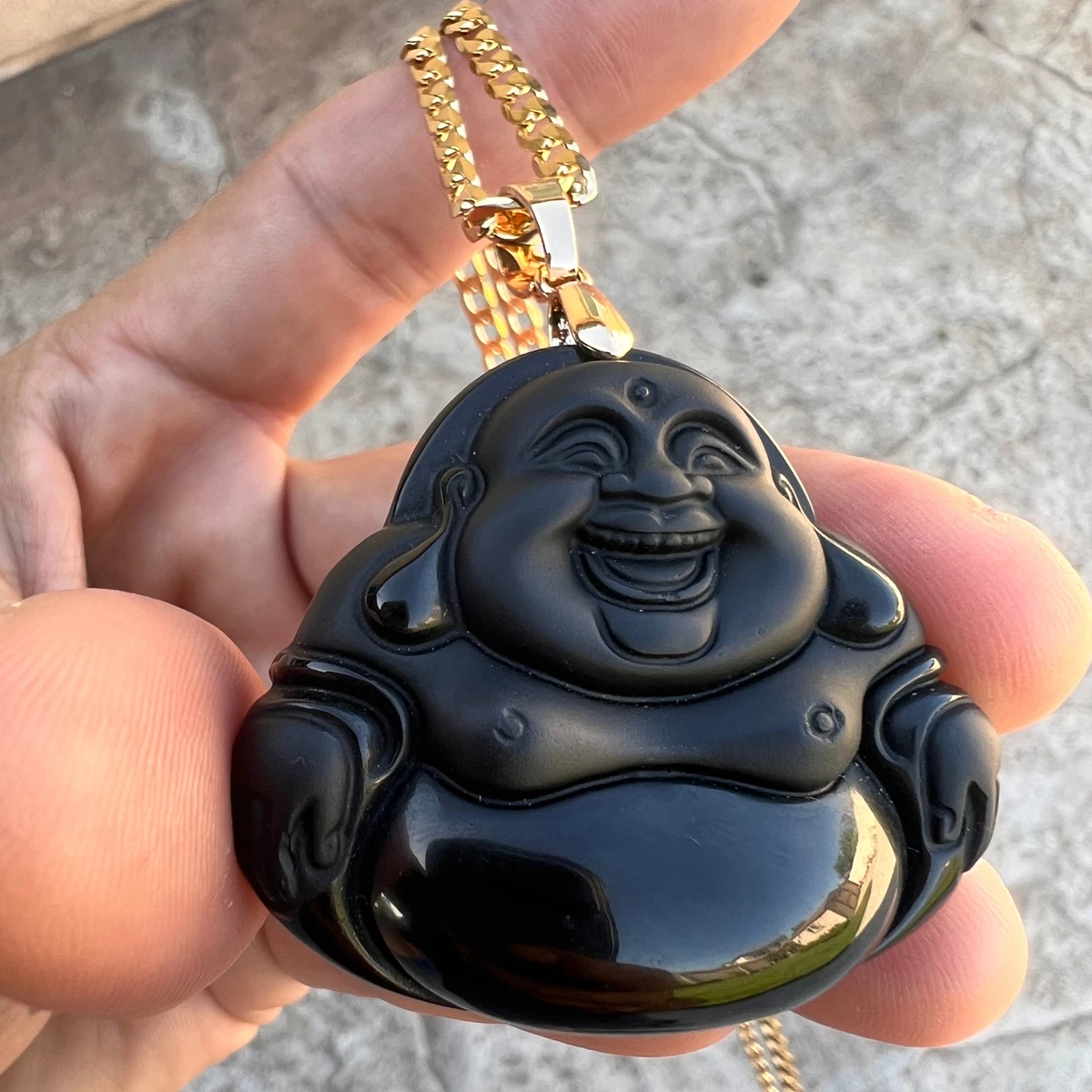 10K White Gold 20mm Dyed Black Jade Buddha Pendant - 18