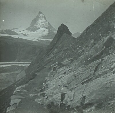 Schweiz Mount Cervin Matterhorn Foto c1905 Platte De Verre Vintage Stereo