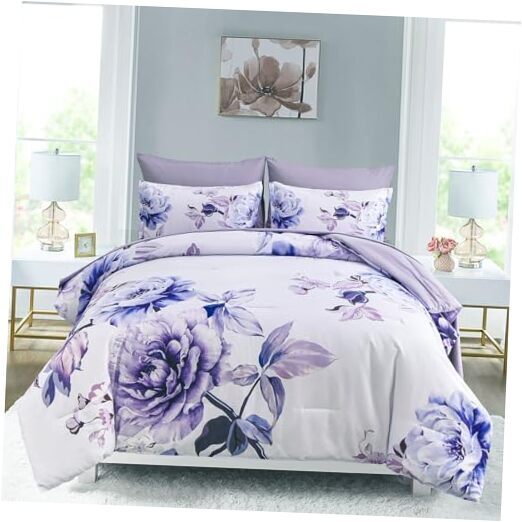 Floral Comforter Set 7 Pieces Bed in a Bag Botanical Floral Queen Purple