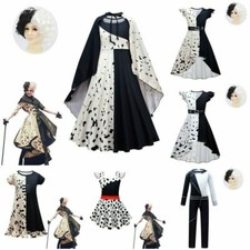 Girls Cruella de Vil Costume Dress Jumpsuit Wig Halloween Party Birthday Cosplay