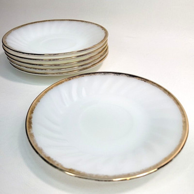 Fire King White Saucer Swirl Lines USA Milk Glass Gold Rim Oven Ware *LOT of 6*